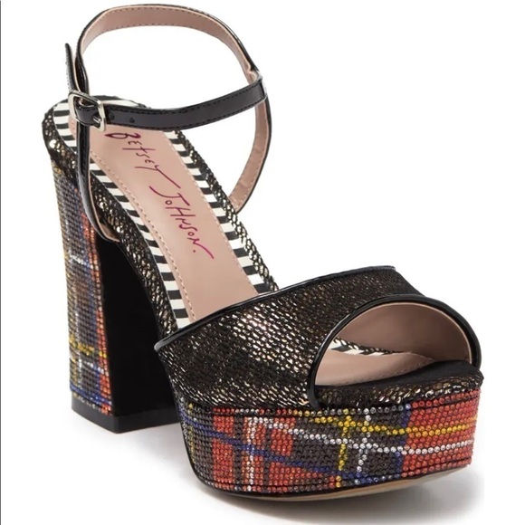 Betsey Johnson Alaia Plaid Print Platform Chunky Heel Sandals - Picture 1 of 16